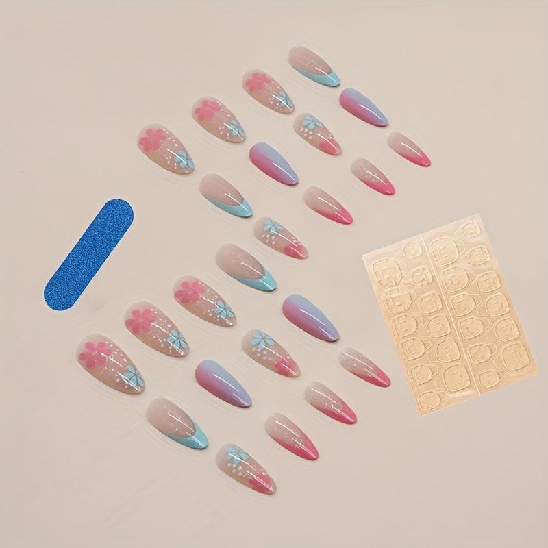 24pcs Pink Almond Press On Nails with Flower Designs and Glitter Sequins