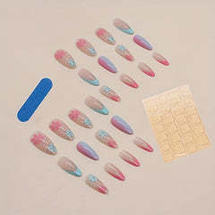 24pcs Pink Almond Press On Nails with Flower Designs and Glitter Sequins