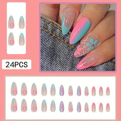24pcs Pink Almond Press On Nails with Flower Designs and Glitter Sequins