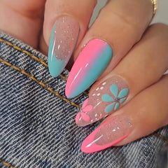 24pcs Pink Almond Press On Nails with Flower Designs and Glitter Sequins