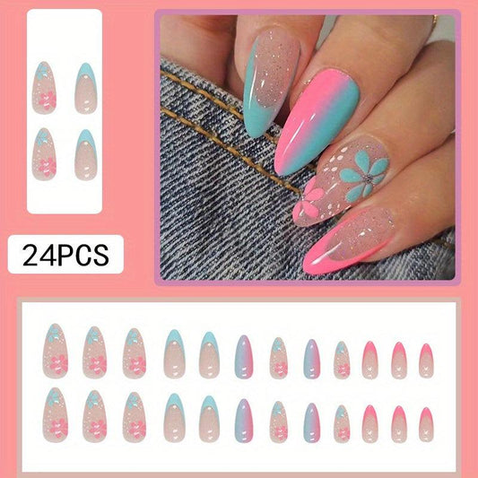 24pcs Pink Almond Press On Nails with Flower Designs and Glitter Sequins