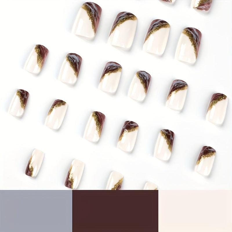 24pcs Marble Print Press On Nails with Gold Foil Medium Square False Nails