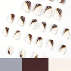 24pcs Marble Print Press On Nails with Gold Foil Medium Square False Nails
