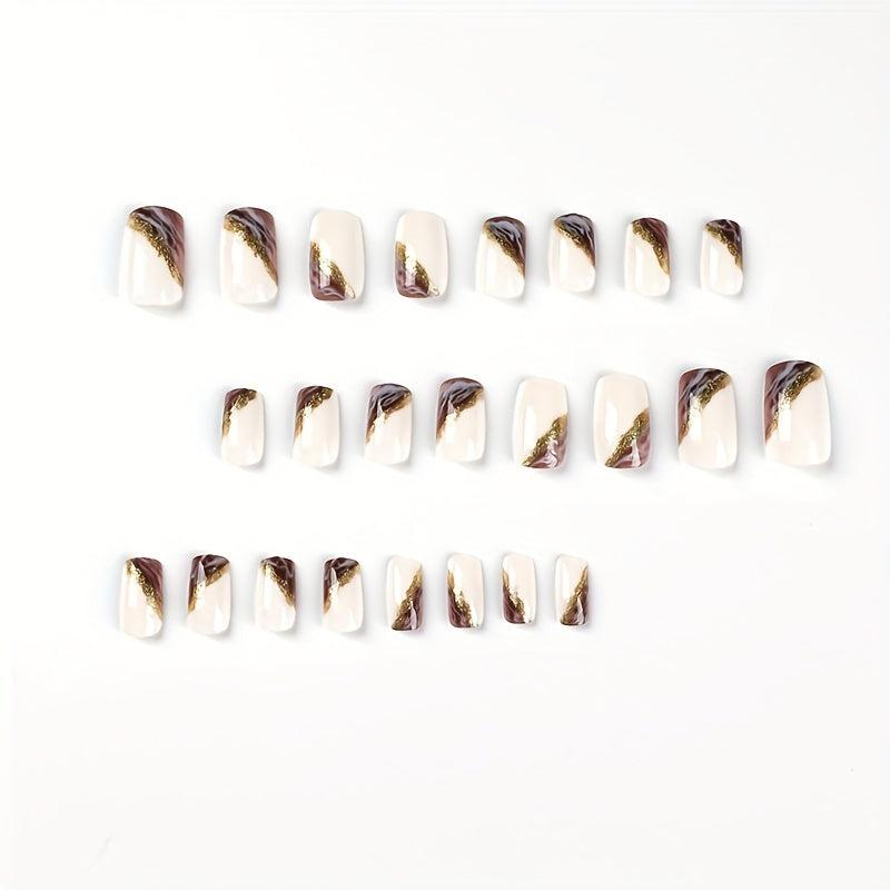 24pcs Marble Print Press On Nails with Gold Foil Medium Square False Nails