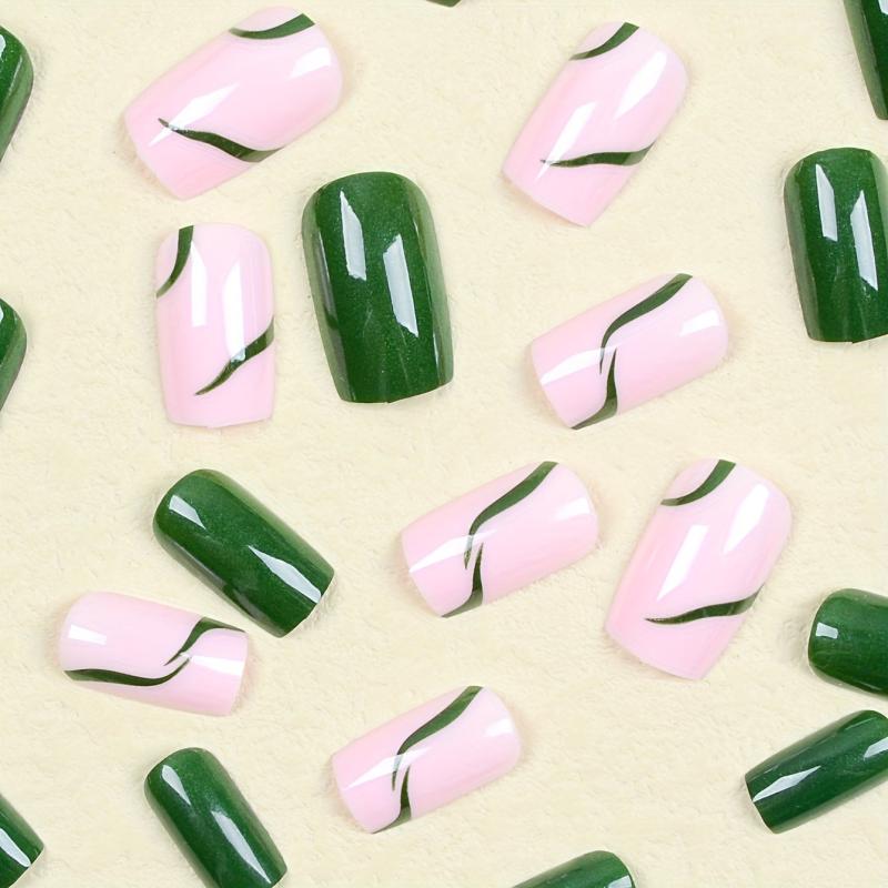24pcs Green French Tip Press On Nails Acrylic False Nails with Glue