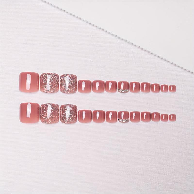 24 pcs Glittery Pink Press On Toe Nails Long Lasting Acrylic False Toenails