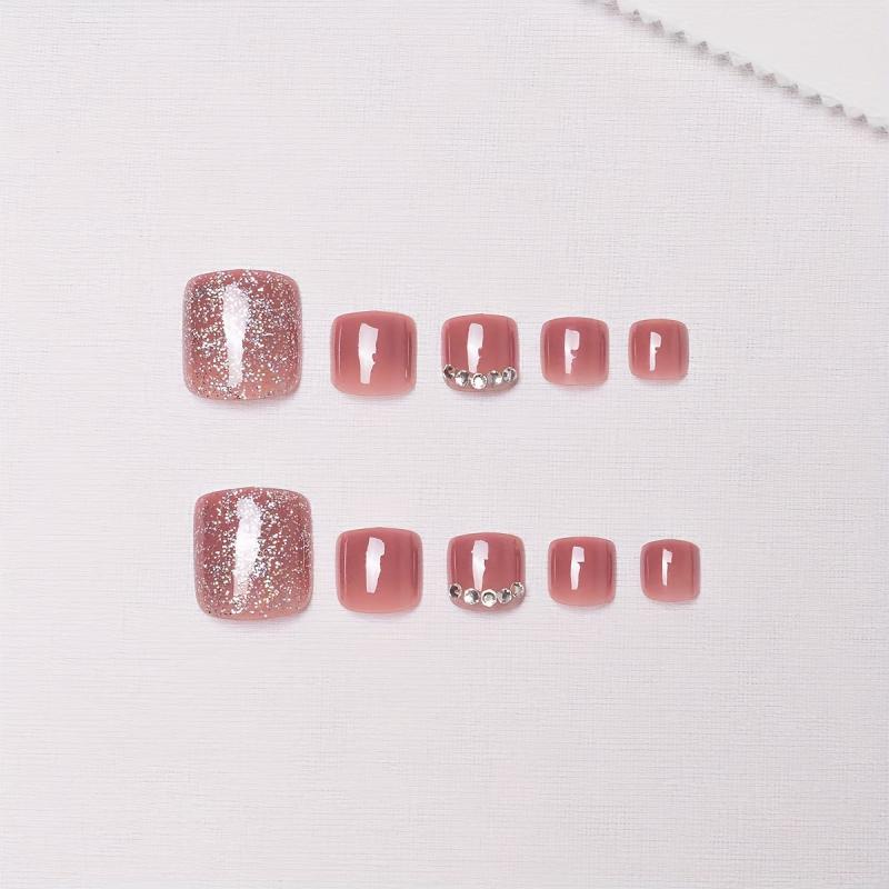 24 pcs Glittery Pink Press On Toe Nails Long Lasting Acrylic False Toenails