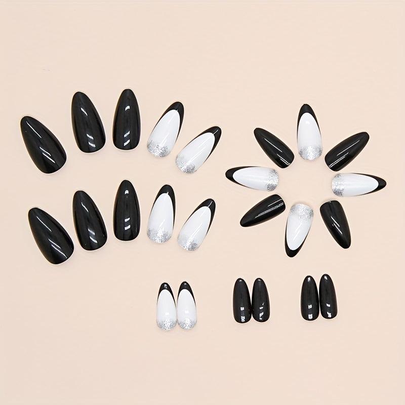 24pcs Silver Glitter Almond Press On Nails, Medium Length Full Cover False Nails