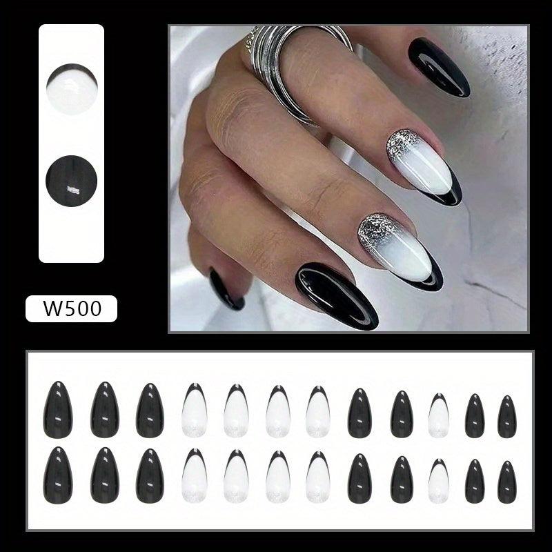 24pcs Silver Glitter Almond Press On Nails, Medium Length Full Cover False Nails