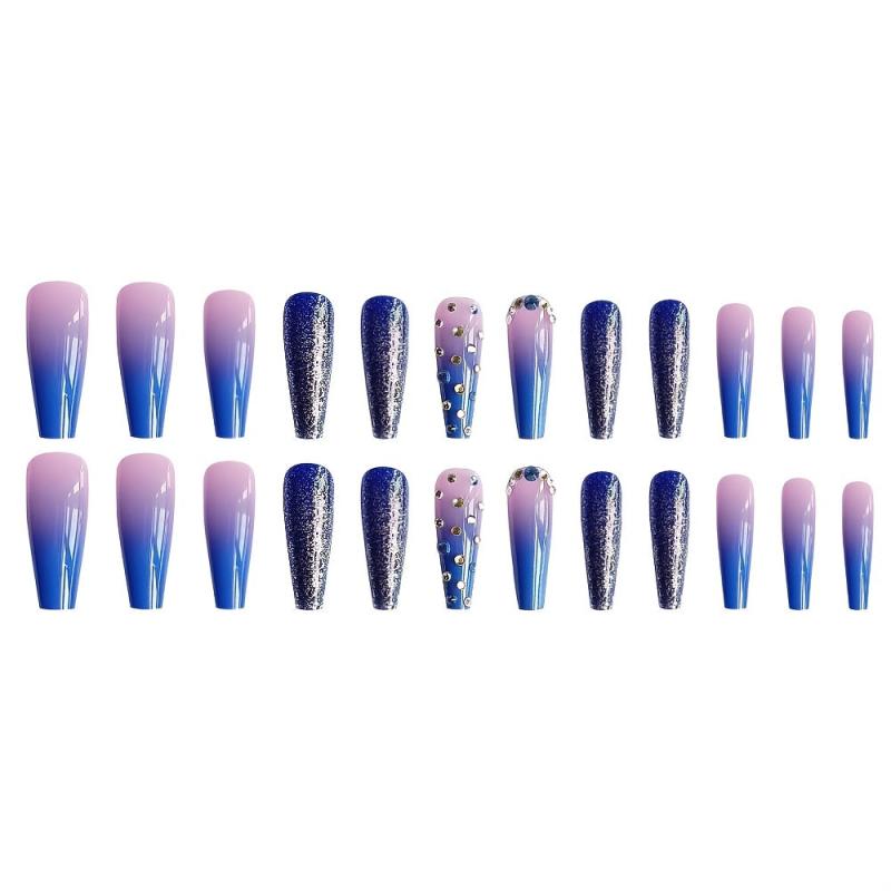 Long Stick On Nails with Rhinestones Coffin Nails