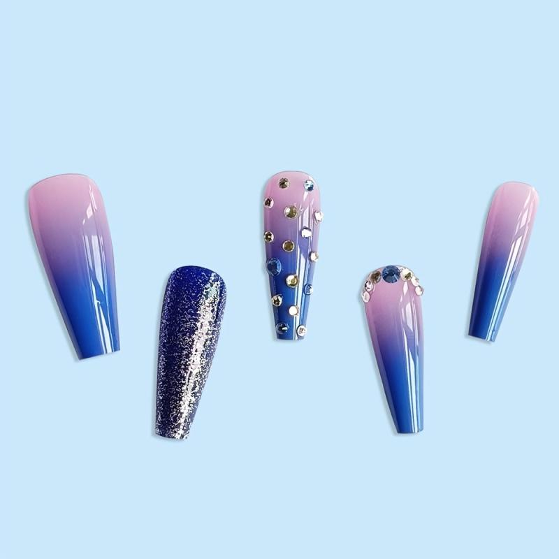 Long Stick On Nails with Rhinestones Coffin Nails