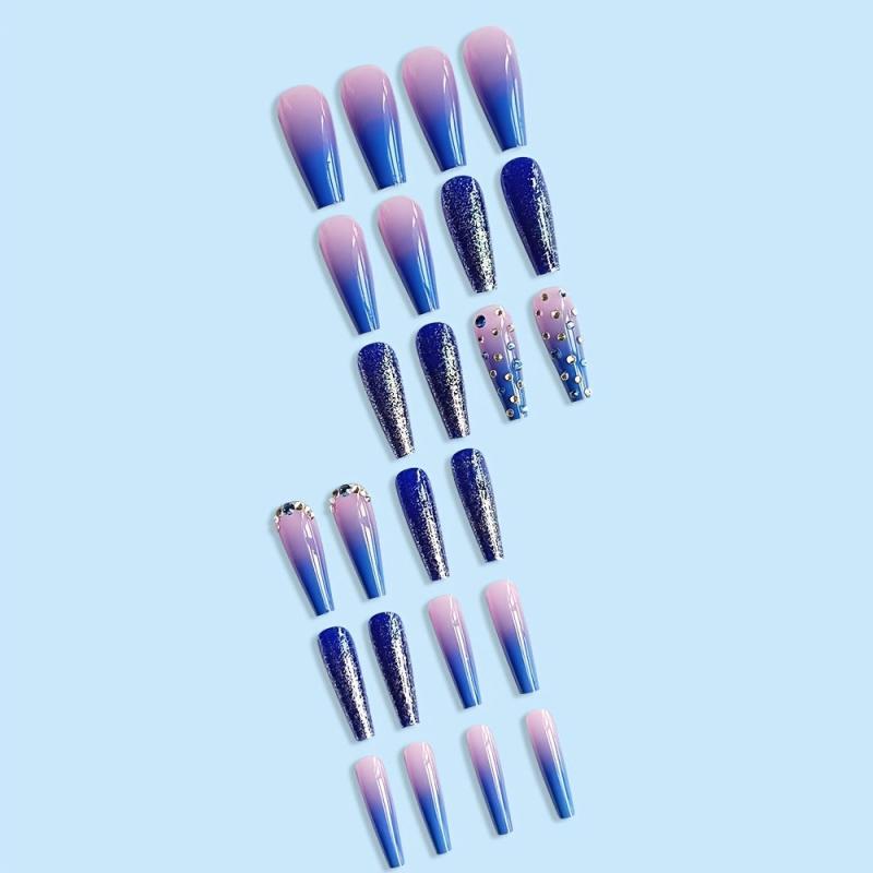 Long Stick On Nails with Rhinestones Coffin Nails