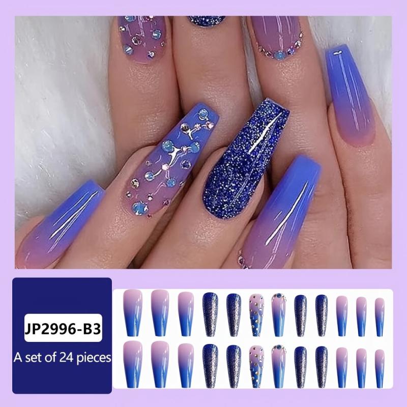 Long Stick On Nails with Rhinestones Coffin Nails