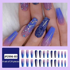 Long Stick On Nails with Rhinestones Coffin Nails