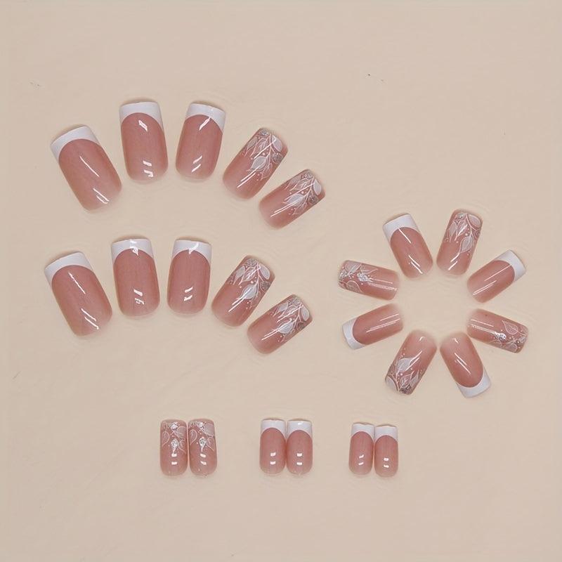 24pcs Leaves French Tip Press On Nails Nude Pink