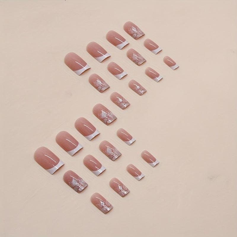 24pcs Leaves French Tip Press On Nails Nude Pink