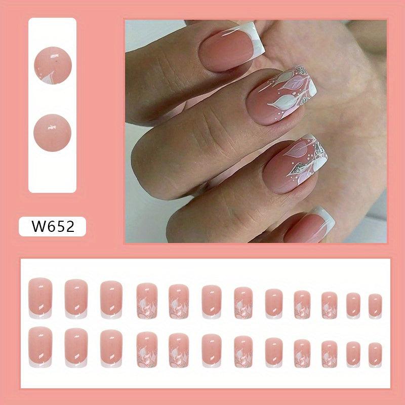 24pcs Leaves French Tip Press On Nails Nude Pink