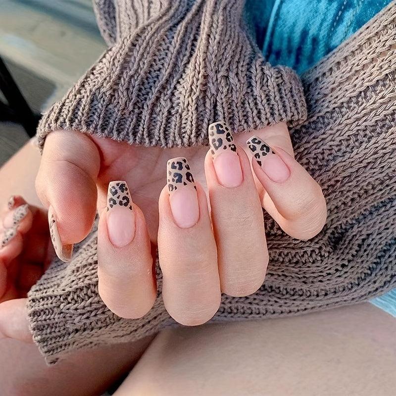 24 pcs Leopard Print French Ballerina Press On Nails Matte False Nails