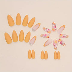 24pcs Yellow Retro Flower False Nails for Women