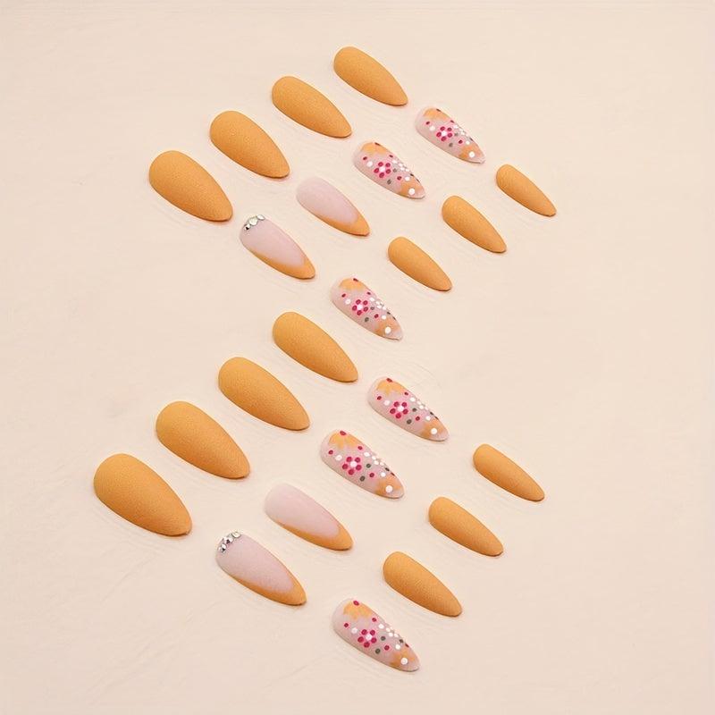 24pcs Yellow Retro Flower False Nails for Women