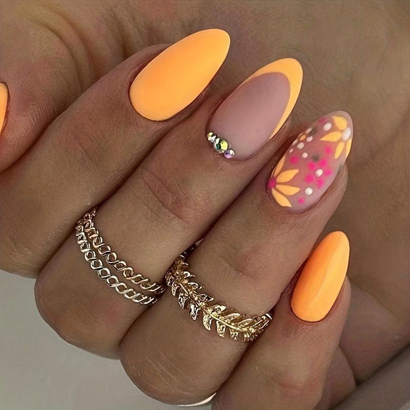 24pcs Yellow Retro Flower False Nails for Women