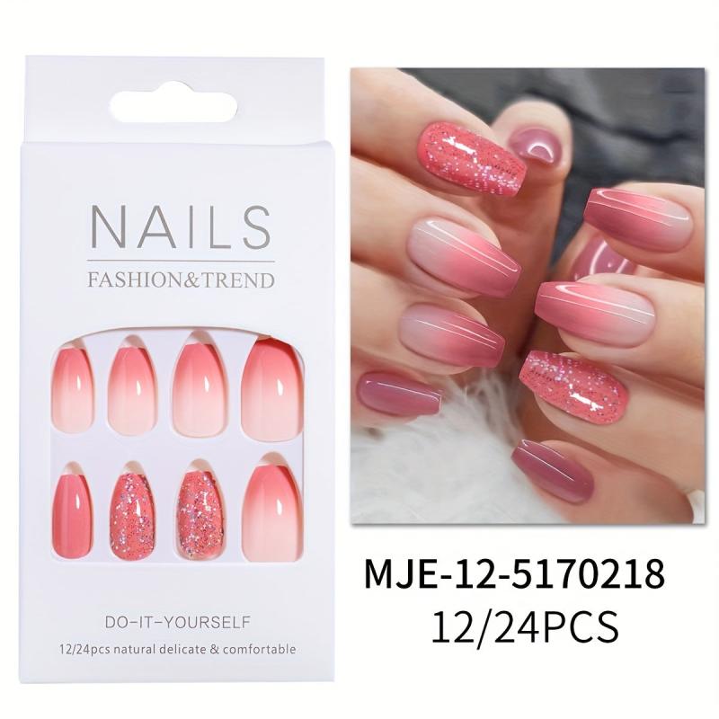 24pcs Nude Pink Gradient Press On Nails with Glitter Sequins
