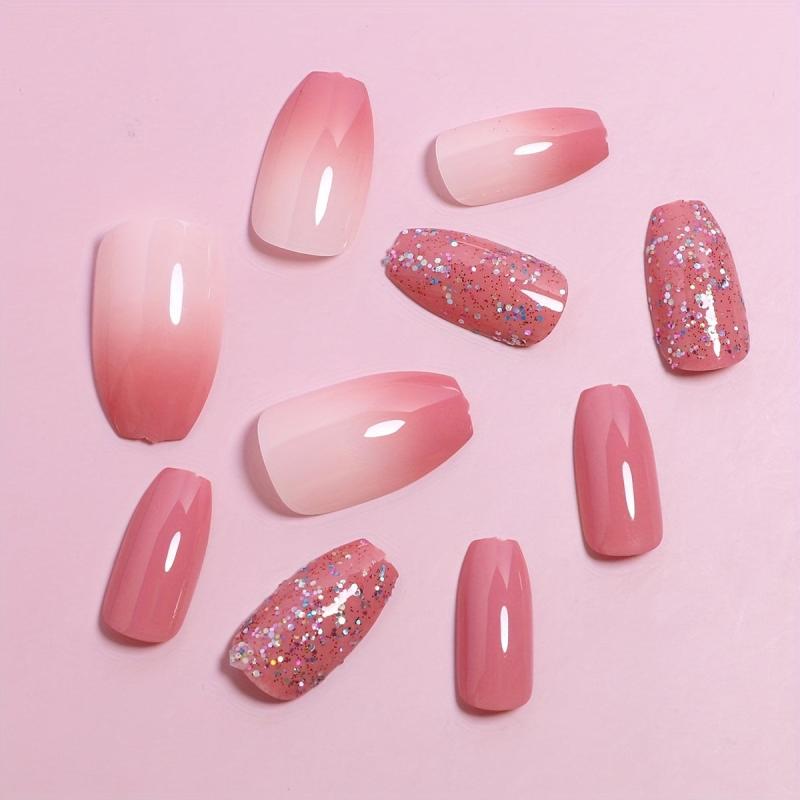 24pcs Nude Pink Gradient Press On Nails with Glitter Sequins
