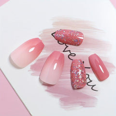 24pcs Nude Pink Gradient Press On Nails with Glitter Sequins