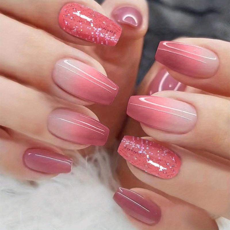 24pcs Nude Pink Gradient Press On Nails with Glitter Sequins