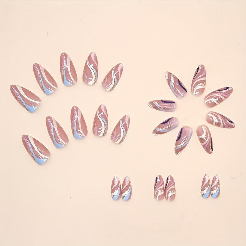 24pcs Almond Press On Nails Swirl European American Style False Nails