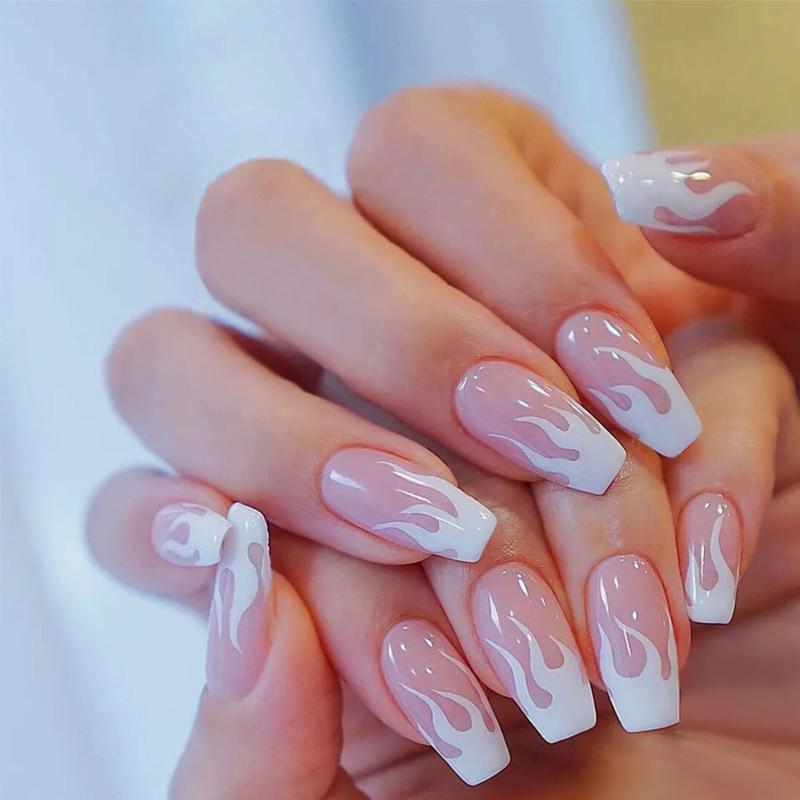 24 pcs Pink Flame False Nails DIY French Finger Nails for Women Girls