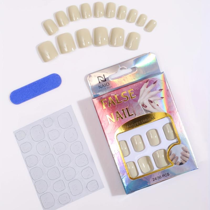 24 Pcs Milky Square Reusable False Nail Set with Nail File - Short Length
