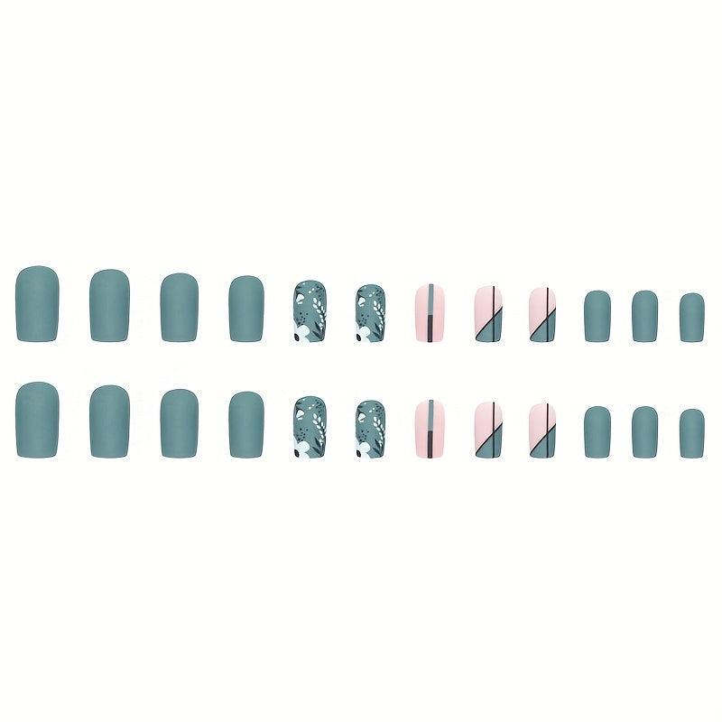 24 pcs Matte Gray Tip Press On Nails with Flowers and Lines