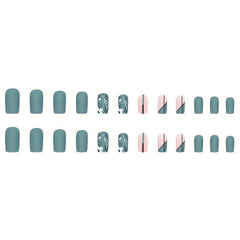 24 pcs Matte Gray Tip Press On Nails with Flowers and Lines