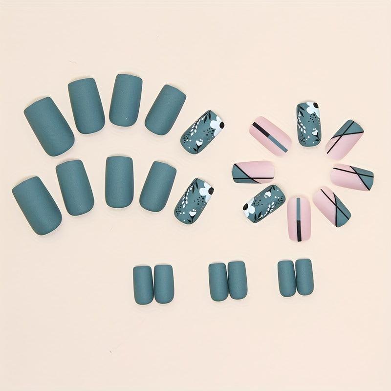 24 pcs Matte Gray Tip Press On Nails with Flowers and Lines