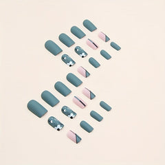 24 pcs Matte Gray Tip Press On Nails with Flowers and Lines