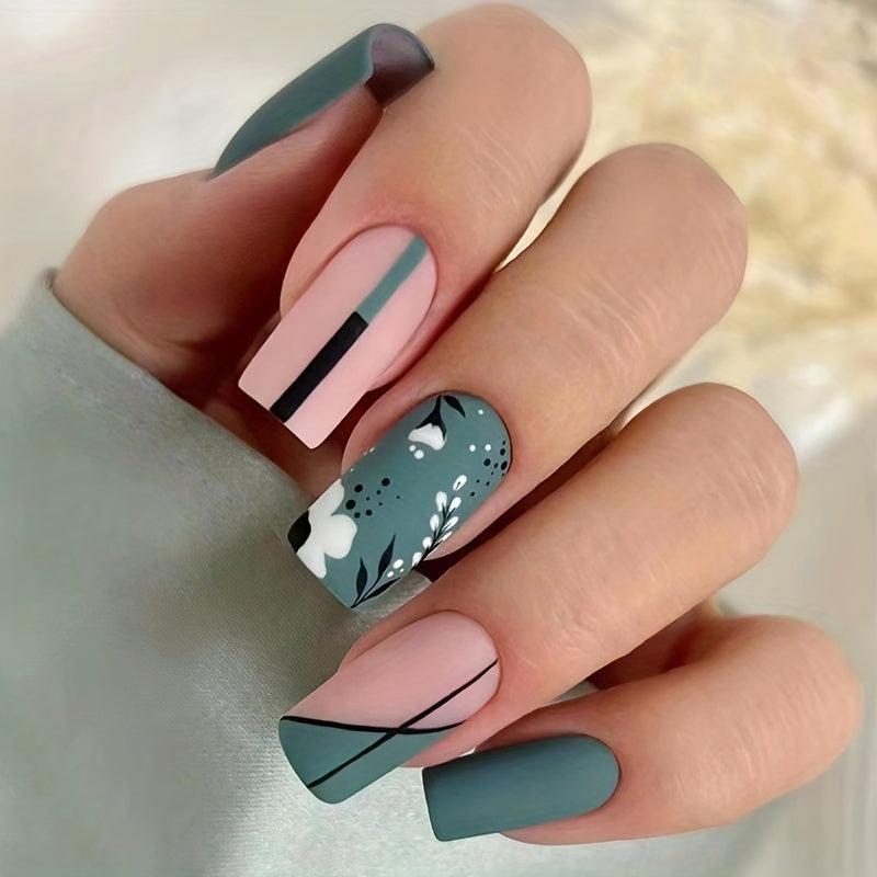 24 pcs Matte Gray Tip Press On Nails with Flowers and Lines