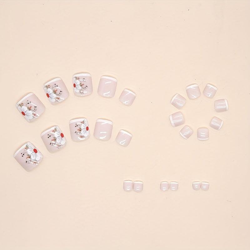 24pcs Nude Pink Square False Toenails with Flower - Summer French Tip
