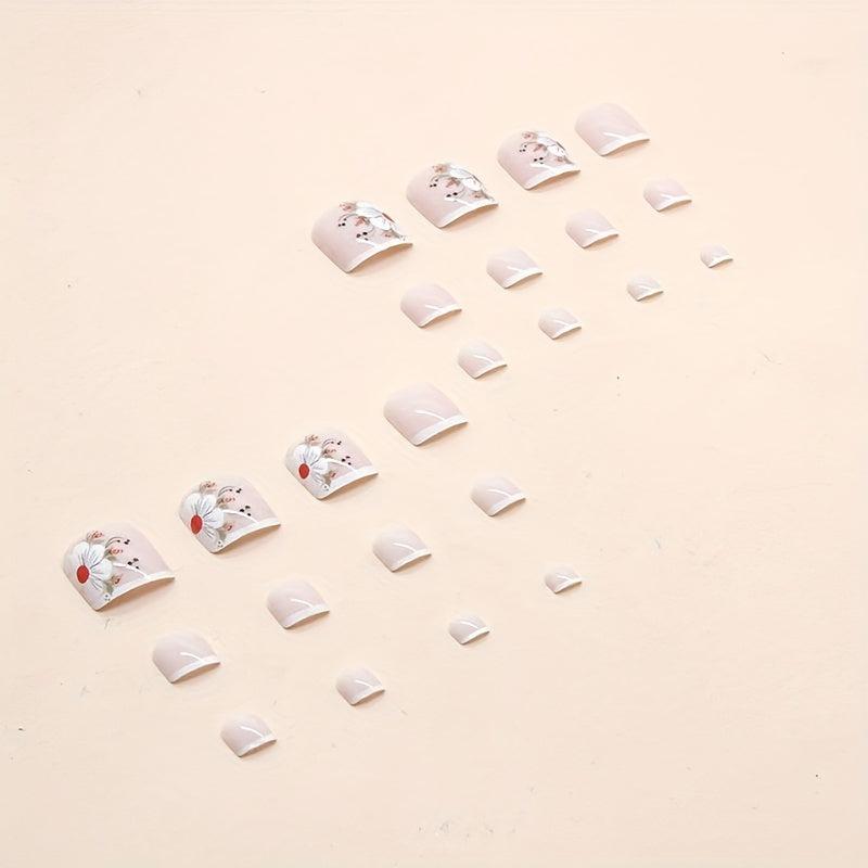 24pcs Nude Pink Square False Toenails with Flower - Summer French Tip