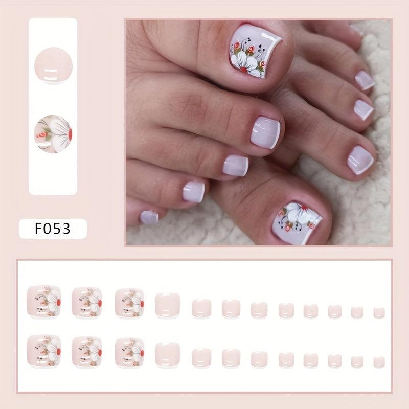 24pcs Nude Pink Square False Toenails with Flower - Summer French Tip