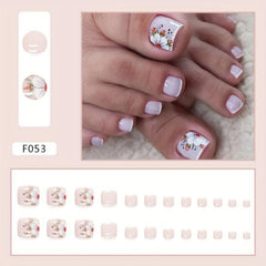 24pcs Nude Pink Square False Toenails with Flower - Summer French Tip