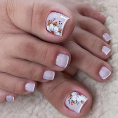 24pcs Nude Pink Square False Toenails with Flower - Summer French Tip