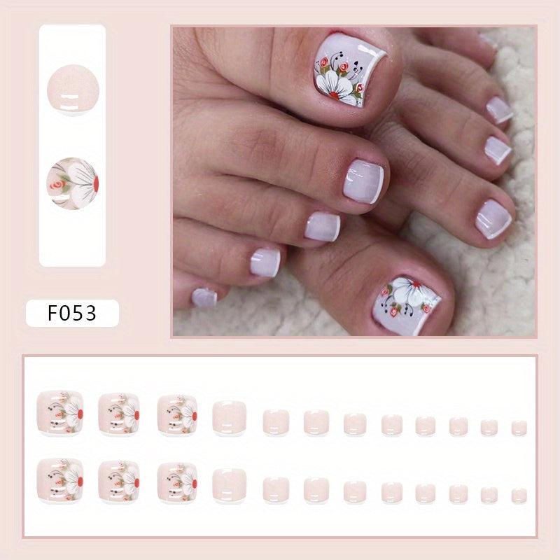 24pcs Nude Pink Square False Toenails with Flower - Summer French Tip