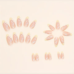 24pcs Glossy Yellow French Tip Press On Nails with Flower Leaves