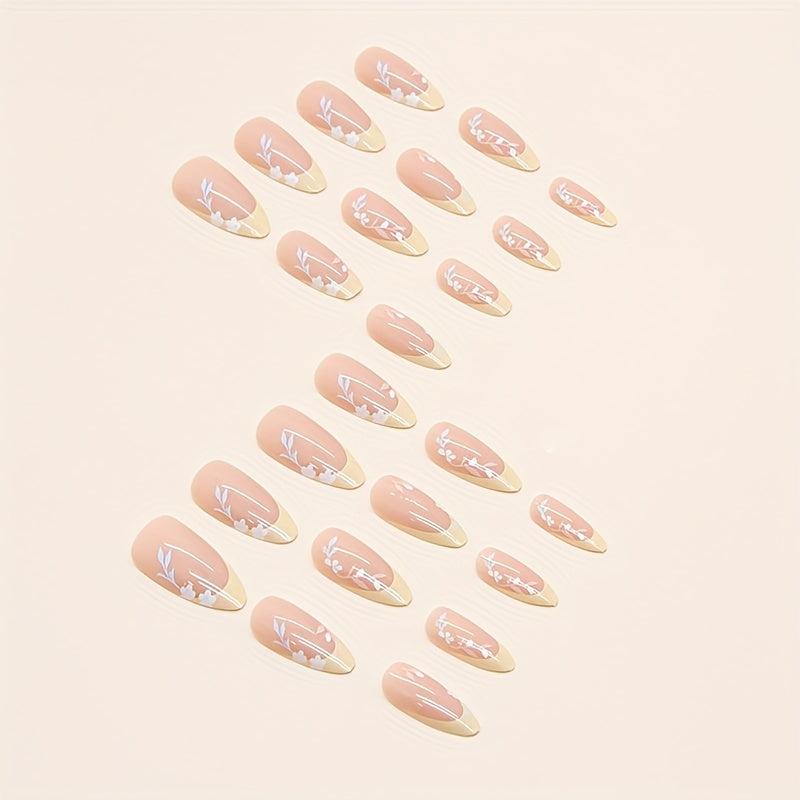 24pcs Glossy Yellow French Tip Press On Nails with Flower Leaves
