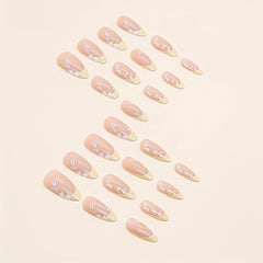 24pcs Glossy Yellow French Tip Press On Nails with Flower Leaves