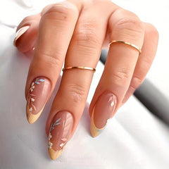 24pcs Glossy Yellow French Tip Press On Nails with Flower Leaves