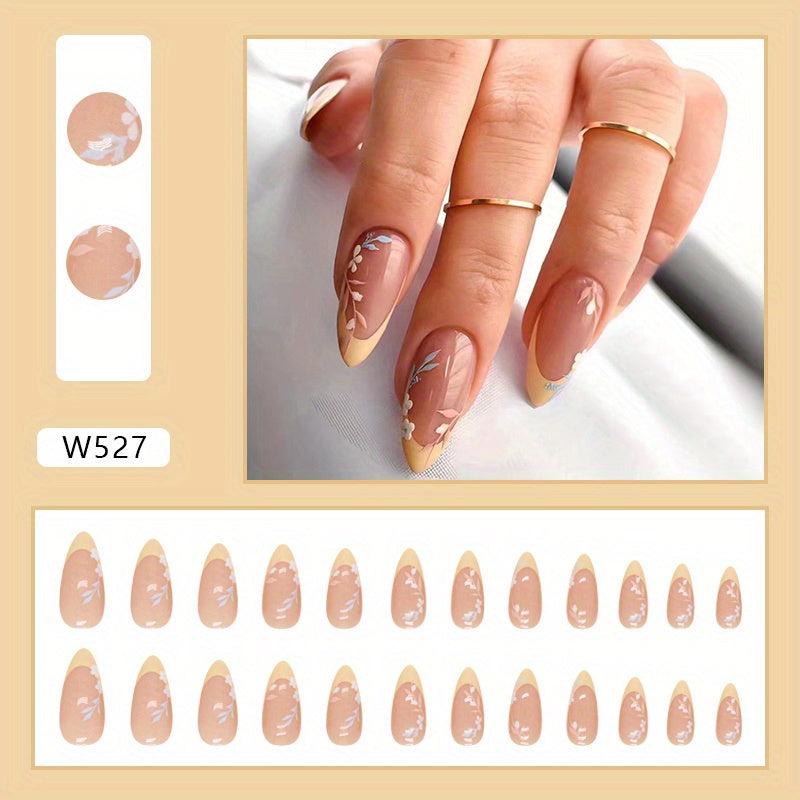 24pcs Glossy Yellow French Tip Press On Nails with Flower Leaves