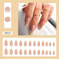 24pcs Glossy Yellow French Tip Press On Nails with Flower Leaves