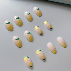 Pink Almond Press On Nails Yellow Tip Lemon Pattern Short Full Cover False Nails